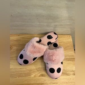 Victoria Secret Signature Satin Pink & Black Polka Dot With Faux Fur Trim